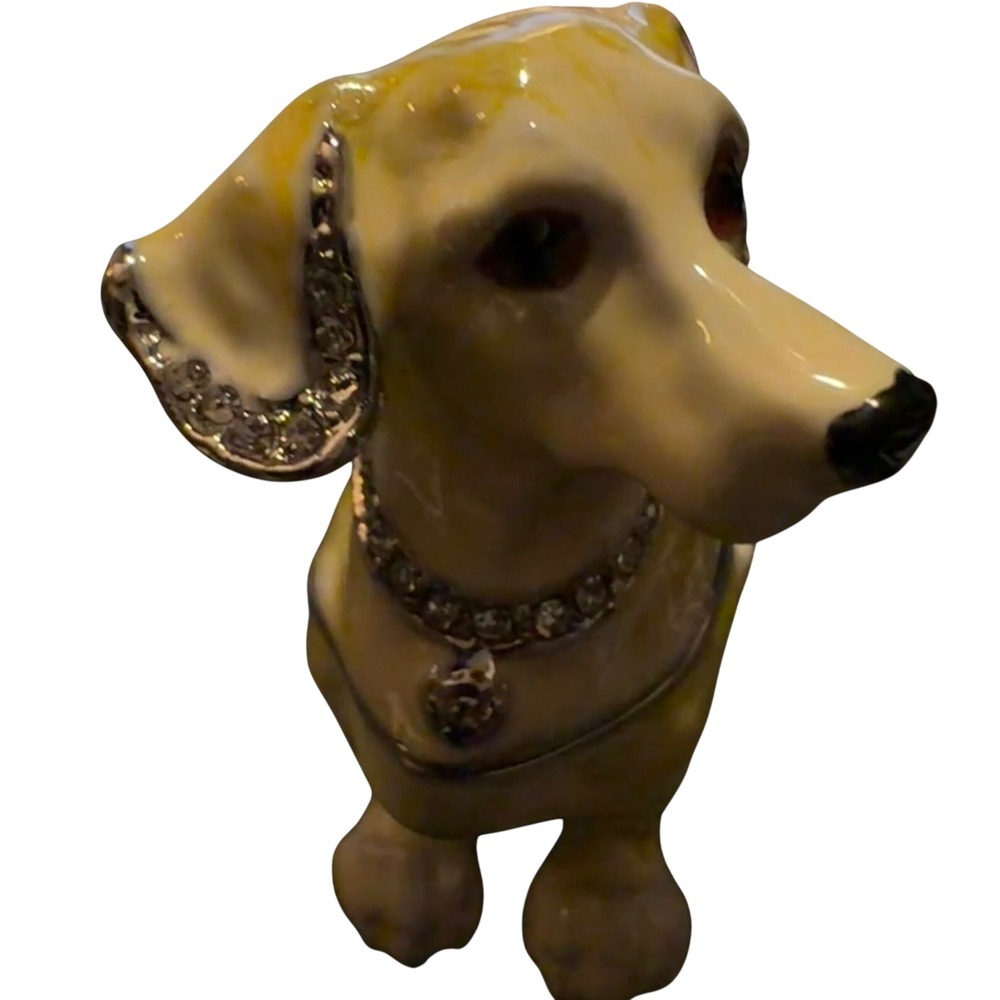Dachshund Trinket Box Small Yellow Enamel Crystal Dog New - Picture 4 of 9
